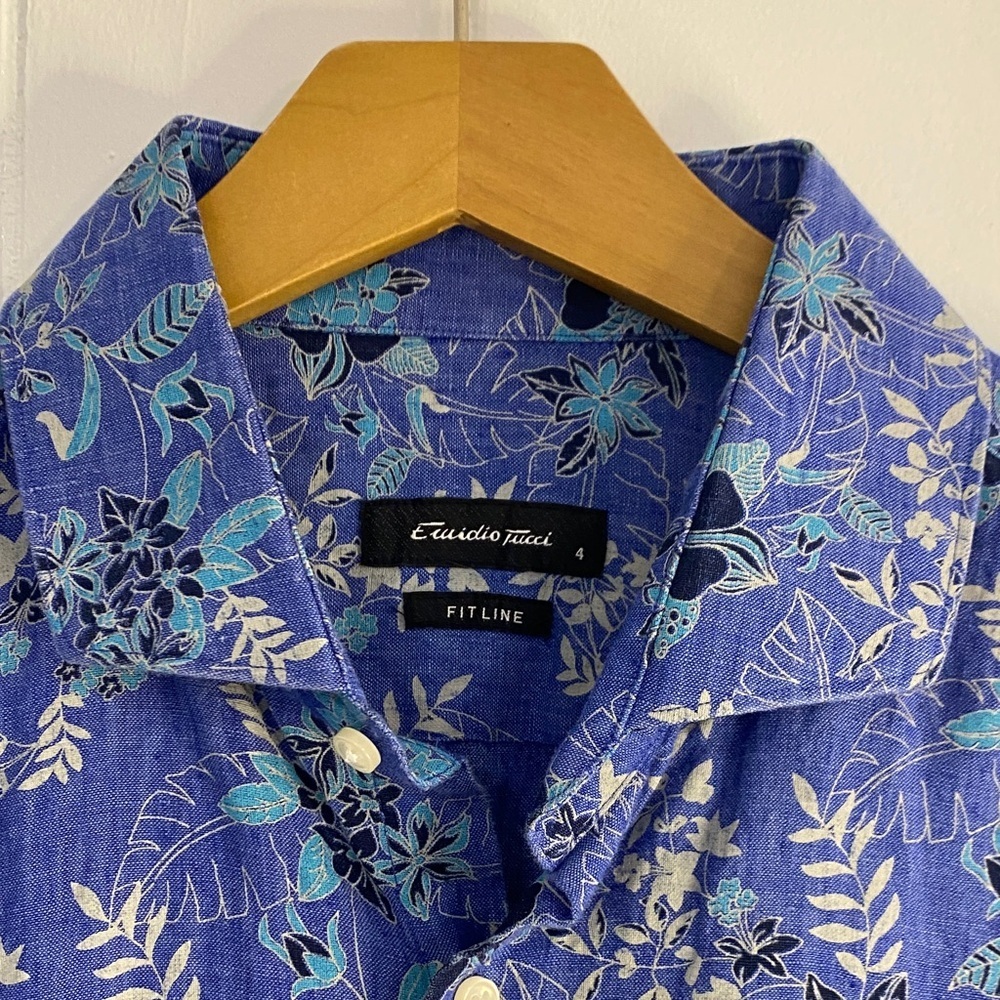 Linen Tropical Floral Shirt Buttondown Resortwear Modern Contemporary Blue Small - Picture 6 of 9